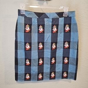 Anthropologie HD In Paris Embroidered Flower Skirt Size 6 Teal Black Cotton Silk